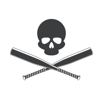 Crossed Baseball bat and skull icon in flat style. Logo template.