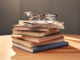 Pile of books and transparent glasses. It's a perfect representation of knowledge and learning, ideal for educational and intellectual concepts.