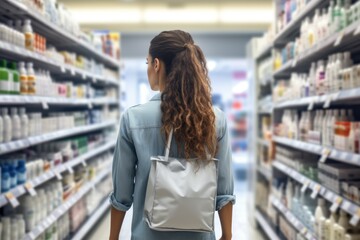 Rear view of young woman with bag standing against shelf in pharmacy - obrazy, fototapety, plakaty
