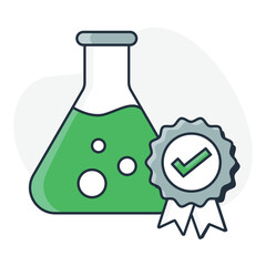  A high quality and tested icon with a beaker and a badge with a tick, representing quality, assurance, and certification.