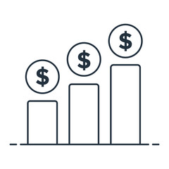 A multi tier savings icon with three bars and a dollar sign above each, representing savings goals, financial planning, and financial goals.