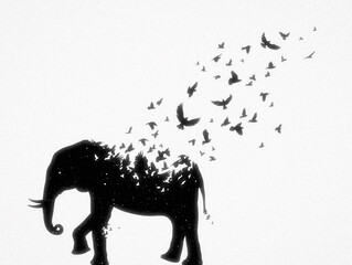 Elephant and flying birds. Endangered animal. Black white silhouette