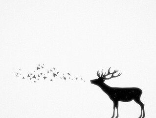Abstract deer, flying birds. Endangered animal. Black white silhouette