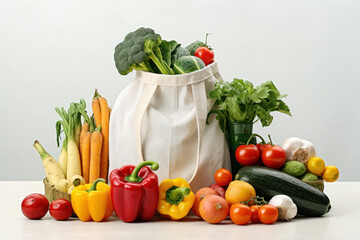 Vegetables and fruit in reusable bag on a farmers market