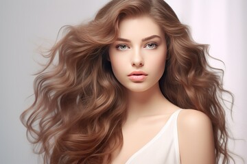 Fototapeta premium Young beautiful model with long wavy well groomed hair