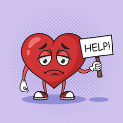 Sad sick cartoon heart asking for help pop art retro hand drawn vector illustration. Comic book style imitation.