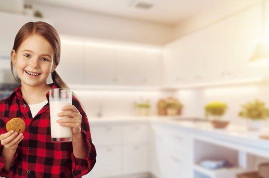 healthy young girl drinking milk at home, AI generated image