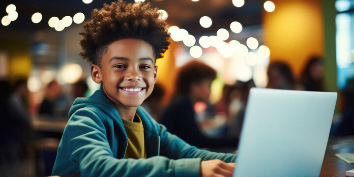 Young black child happily working at laptop in school environment