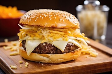 grated smoked cheese on top of a burger
