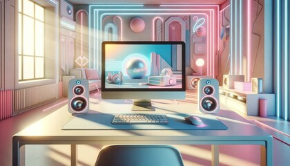 A sleek, futuristic computer sits atop a modern desk, surrounded by speakers and a keyboard, in a bustling indoor room filled with stylish furniture and a large television on the wall, displaying a v