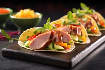 smoked duck tacos with fresh vegetables on a slate plate