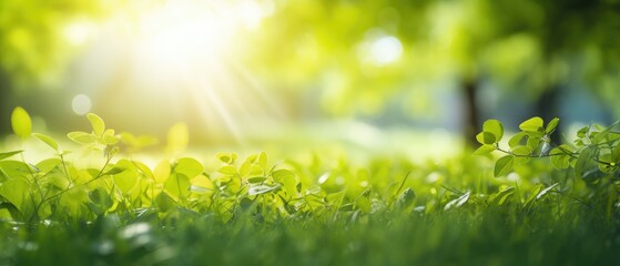 Summer Beautiful spring perfect natural landscape background, Defocused green trees in forest with wild grass and sun beams, Generative AI