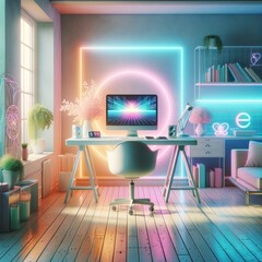 A futuristic workspace filled with sleek furniture, a state-of-the-art computer, and a vibrant houseplant brings a sense of productivity and creativity to the room, while the large wall-mounted tv