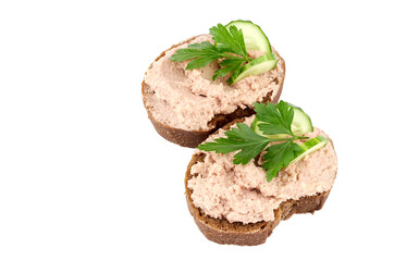 Bread with homemade chicken pate, isolated on white background.