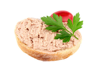 Bread with homemade chicken pate, isolated on white background.