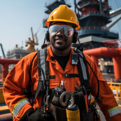 offshore oil rig worker wearing personal protective equipment