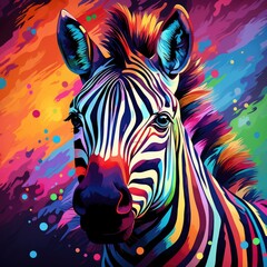 Fototapeta na wymiar Painting of a multi-colored zebra. Abstract painting for interior decoration in a modern style with chaotic strokes and splashes. Generated by artificial intelligence