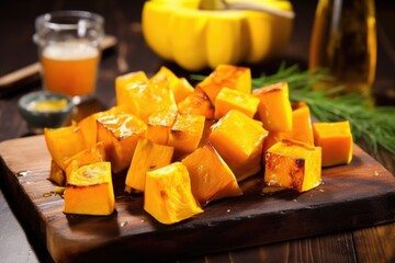 smoked squash cut into pieces on a board