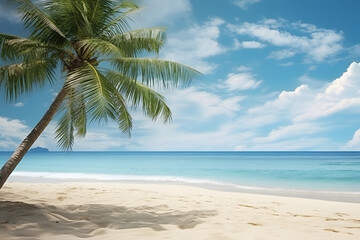 Obraz premium tropical beach view at sunny day with white sand, turquoise water and palm tree. Neural network generated image. Not based on any actual scene or pattern.