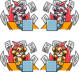 猛烈にパソコン仕事をするわんまるとにゃんまるのイラストセット　犬　猫
