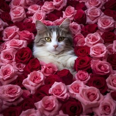 Cat laying among roses