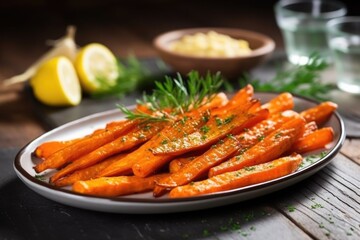 side view of smoked carrots on a rustic table
