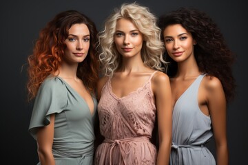 Fototapeta premium cheerful young multiethnic women. Girlfriends smiling at the camera, posing together. Diversity, beauty, friendship concept. Isolated on gray background