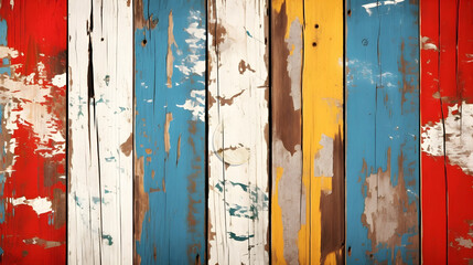 red and blue painted wooden wall, Old wooden plank wall painted with white peeling paint. Rustic background.
