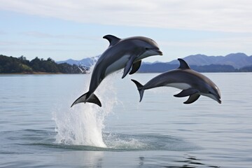 two dolphins jumping out of water