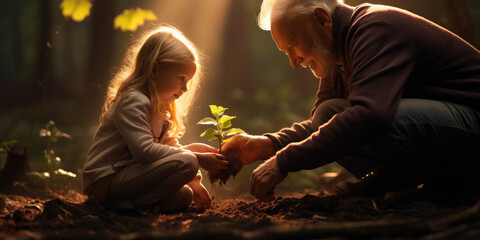 Grandad planting tree with granddaughter , with shafts of evening light. - obrazy, fototapety, plakaty