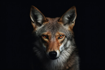 Front view of a jackal on black background. Wild animals banner with empty copy space - obrazy, fototapety, plakaty