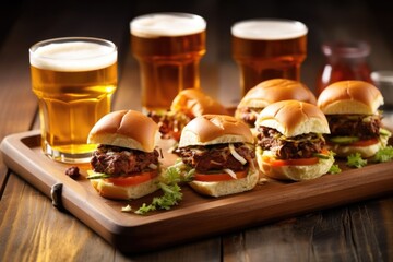 spicy bbq sliders served with chilled beer - obrazy, fototapety, plakaty