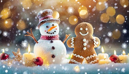 Christmas gingerbread cookies with snowman and decoration