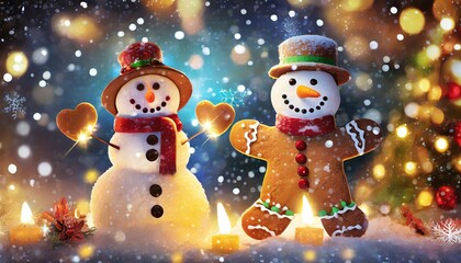 Christmas gingerbread cookies with snowman and decoration