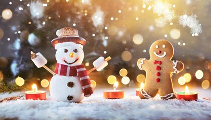 Christmas gingerbread cookies with snowman and decoration