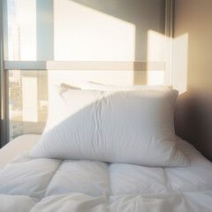 comfortable hotel pillow, center, photography, morning, bright