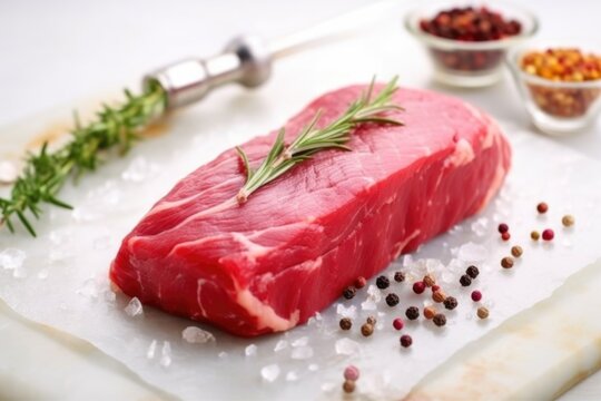 raw beef steak with inserted thermometer on marble surface