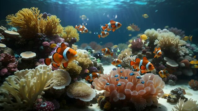 Clownfish. Underwater tropical clownfish (Amphiprion bicinctus) and sea anemones. Red Sea anemones. Tropical colorful underwater clown fish. Reef coral scene. Coral garden seascape. Generative AI