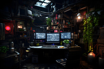 Messy and dark hi-tech cyberpunk hacker hideout room. Neural network generated image. Not based on any actual person or scene. - Powered by Adobe