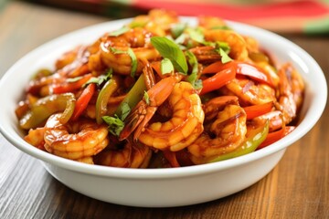 bbq shrimp tossed in a bowl with sweet and sour sauce