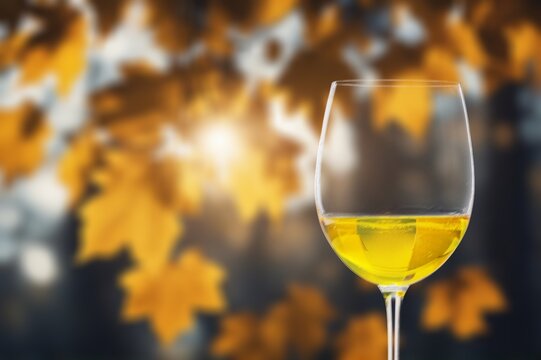 white wine chilled ice in glass at nature background, AI generated image