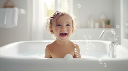 Smiling happy baby in the bathroom, bathing baby.
