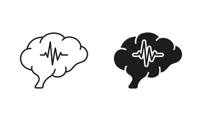 Brain Activity Diagnostic Black Symbol Collection on White Background. Human Brain with Wave Silhouette and Line Icons Set. Medical Neurology Science Pictogram. Isolated Vector Illustration
