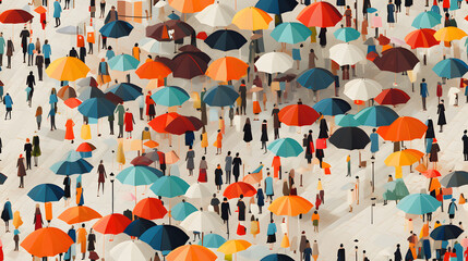City square from above with colorful umbrellas pattern