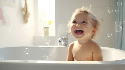Smiling happy baby in the bathroom, bathing baby.