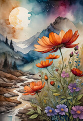Obraz na płótnie Canvas Picturesque landscape painted with bright watercolor. Mountain river, flowers, sky and sunrise. Colorful AI generated illustration.