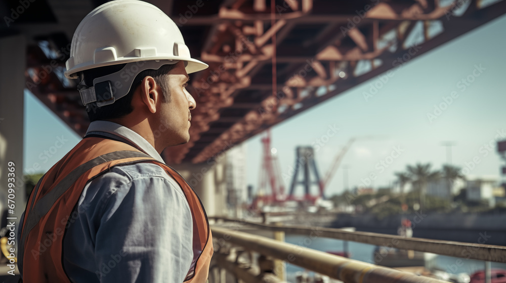 Wall mural engineer at construction site of high concrete bridge .generative ai