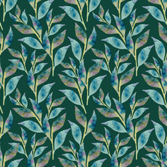 Seamless pattern of watercolor green blue leaves. Hand drawn illustration. Botanical hand painted floral elements on green background.