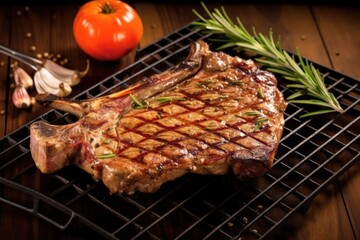 grilled t-bone steak with grill marks and sprinked rosemary