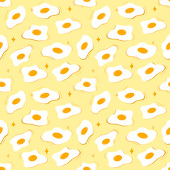 Seamless pattern of sunny side up fried eggs on yellow background for design, decoration, printing, paper wrap